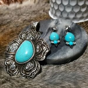 Turquoise Large Flower Pendant and Earrings